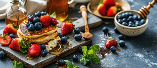 Sticker - Cottage cheese pancakes cheesecakes with fresh blueberries strawberries honey and mint leaves on a stylish wooden board on a gray concrete table Natural products Healthy and delicious breakfast