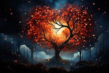 Magical Love Tree Adorned With Red Flying Hearts. The Branches Are Like A Canvas, 