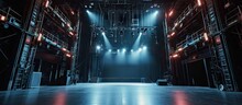 Technical Equipment At The Backstage Of Theater Stage Spot Lighting Rigging Structure For A Live Musical Theater Events. Copy Space Image. Place For Adding Text