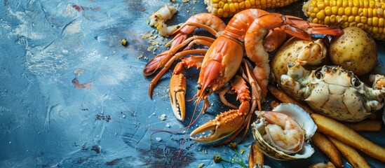 Wall Mural - A wood platter of boiled southern garlic seafood including shrimp crab legs corn on the cob and new potatoes on a bright blue surface. Copy space image. Place for adding text