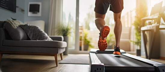 Wall Mural - Full length profile shot of a young man running on a treadmill at home. Copy space image. Place for adding text