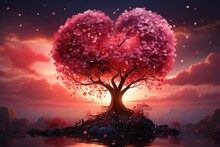 Surprising Love Tree With Hearts That Seem To Be Flying Around It. 