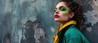 Vertical shot of hipster girl with bright makeup dressed in green fashionable clothes white boots poses against grey wall looks away thoughtfully spends free time in urban place Youth lilfestyl