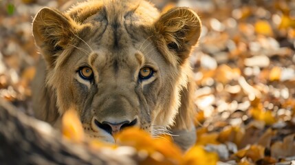 Wall Mural - a big and beautiful wild lioness lying down or resting on a dusty jungle road. savanna wildlife pred