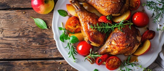 Canvas Print - duck legs baked with apples and tomatoes on white plate close up view from above horizontal. Copy space image. Place for adding text