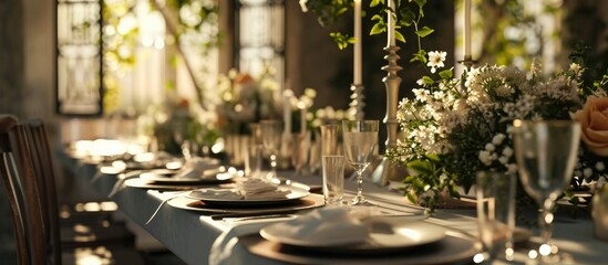 Sticker - Beautiful wedding table decoration and wedding table setting. Copy space image. Place for adding text