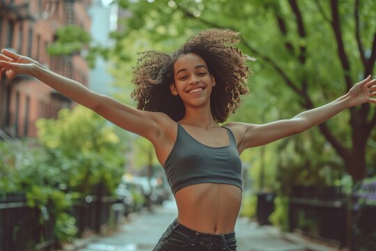 Smiling young dancer dancing with arms outstretched on footpath