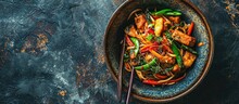 Traditional Stir Fried Thai Phak Kung As Top View In A Bowl With Copy Space Right. Copy Space Image. Place For Adding Text