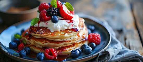 Sticker - Keto pancakes made of coconut flour or almond flour served with berries and whipped cream. Copy space image. Place for adding text