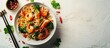 Chinese style noodles with vegetables and seafood. Copy space image. Place for adding text
