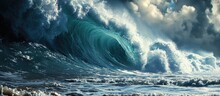 Simulated Tsunami With An Enormous Wave. Copy Space Image. Place For Adding Text