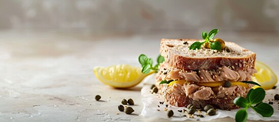 Poster - Tuna sandwich capers seed bread lemon juice for freshness little bit of dijon mustard and olive oil. Copy space image. Place for adding text