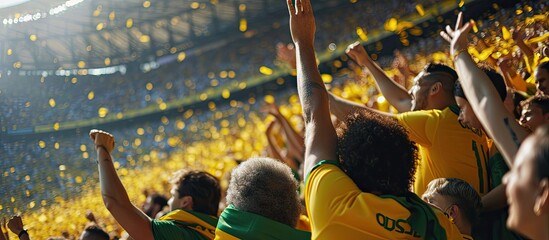 Brazilian football fans supporting their team at stadium. Copy space image. Place for adding text