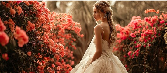 beautiful blonde bride in a luxurious wedding dress in garden with blossom. Copy space image. Place for adding text