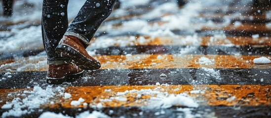 Canvas Print - A man crosses a pedestrian crossing that is not properly cleared of snow He may slip and break his leg. Copy space image. Place for adding text