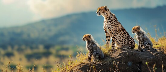 cheetah and cubs look left on mound. copy space image. place for adding text