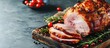 Traditional glazed baked pork Homemade roasted ham on festive served Easter lunch or brunch table. Copy space image. Place for adding text