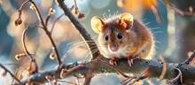 Little Hazel Dormouse Climb The Twigs In Nature Muscardinus Avellanarius In Hungary Is The Animal Of The Year 2017 Endangered Animal. Copy Space Image. Place For Adding Text