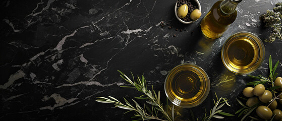 Top view of oil and fresh green olive fruits, natural, ecological on modern marble surface