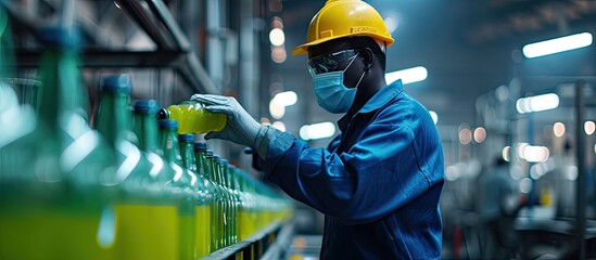 African male factory worker wearing medical mask picking up green juice bottle or basil seed drink for checking quality in beverage factory. Copy space image. Place for adding text