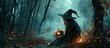 Halloween Witch with a carved Pumpkin and magic lights in a dark forest Beautiful young surprised woman in witches hat and costume holding pumpkin Halloween party art design. Copy space image