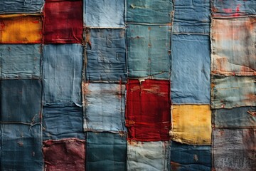  Scrappy Quilt wallpaper, patch work fabric textile patchwork from white denim jeans cloth close-up flat lay, canvas surface texture 