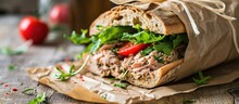 Gourmet closeup of tuna fish salad sandwich in hand on crispy fresh baked rustic baguette with tomato and lettuce wrapped in white parchment paper bag with shallow depth of field on urban city