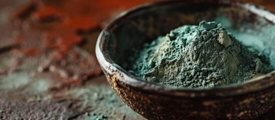 Wall Mural - Green bentonite clay powder in a bowl Clay texture close up Diy mask and body wrap recipe Natural beauty treatment and spa. Copy space image. Place for adding text