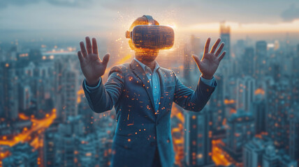 Wall Mural - Businessman wearing virtual reality goggles with cityscape background. Mixed media