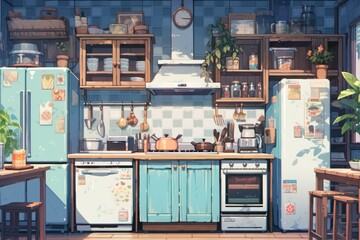 aesthetic kitchen background in pixel art style.