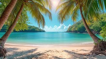 Sunny summer beach with palms background , copy space for product or text