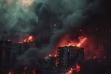 Poster - A large fire is engulfing a city, causing chaos and destruction. This image can be used to depict urban disasters or as a visual representation of emergency situations