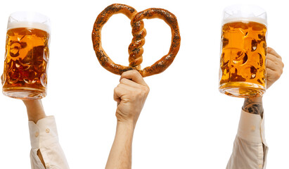 Hands holding hot delicious sausage on fork, pretzel and two mugs of cold lager light mugs of beer against transparent background. Concept of Oktoberfest, traditions, Bavarian culture, alcohol drinks.