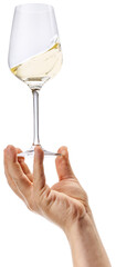 Hand holds sweet white glasses of whine which shakes and plash in motion against transparent background. Concept of alcohol drinks parties, Friday mood, restaurant, celebration. Ad