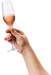 Female hand holds and turning glass of sparkle wine against transparent background. Concept of alcohol drinks parties, Friday mood, Happy Birthday, restaurant, celebration. Ad