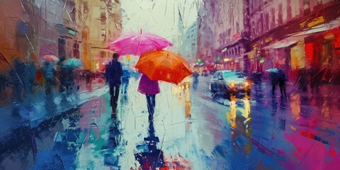 Aufkleber - A painting depicting people walking in the rain with umbrellas. Suitable for various applications