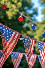 Poster - A collection of colorful flags hanging from a string. Can be used to add a festive touch to any celebration or event