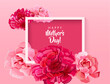 Rectangular congratulations card for Mother's Day. Angular frame with pink, red, white carnation flowers on bright background. Template for mother greeting. Realistic illustration in watercolor style