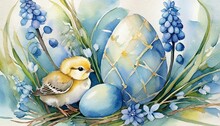 The Watercolor Of Easter Decoration With Eggs And Chicks
