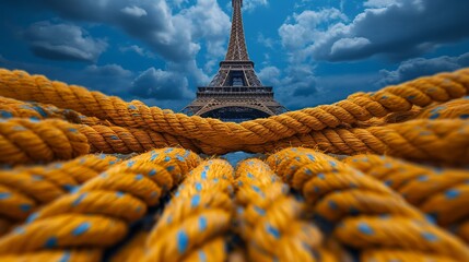 Sticker - Parisian Eiffel Tower made of rope close shot. Generative AI