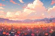 pink field background in pixel art style.