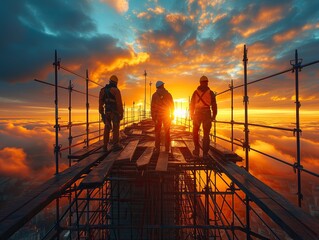 Wall Mural - In the ongoing journey of construction, envision a moment where several workers, amidst the clatter, collaborate to set up scaffolding at the construction site, adding a significant chapter to their