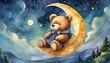 The watercolor of the teddy bear sleeps on the moon at the stars night.