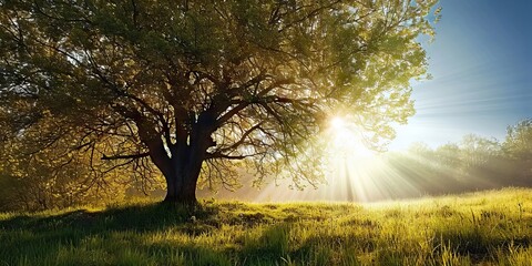 Wall Mural - lone oak tree standing tall in sunlit meadow nature landscape with green grass under summer sky beau