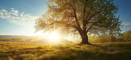 Wall Mural - lone oak tree standing tall in sunlit meadow nature landscape with green grass under summer sky beau