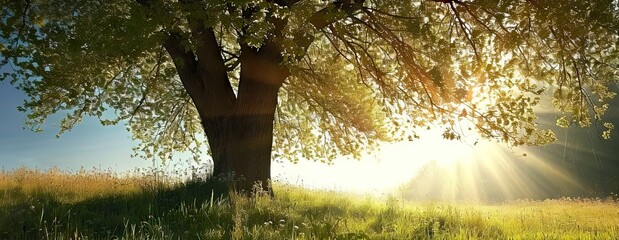 Wall Mural - lone oak tree standing tall in sunlit meadow nature landscape with green grass under summer sky beau