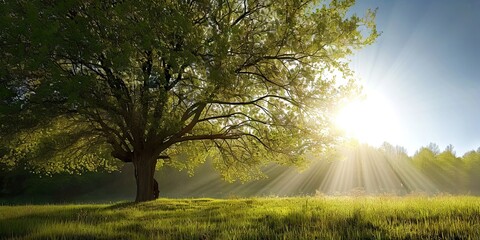 Wall Mural - lone oak tree standing tall in sunlit meadow nature landscape with green grass under summer sky beau
