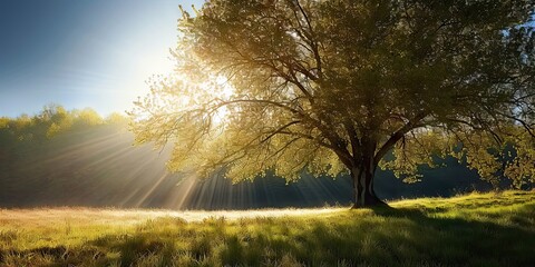 Wall Mural - lone oak tree standing tall in sunlit meadow nature landscape with green grass under summer sky beau