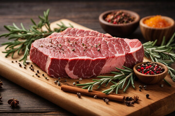 Wall Mural - raw steak with rosemary in the kitchen