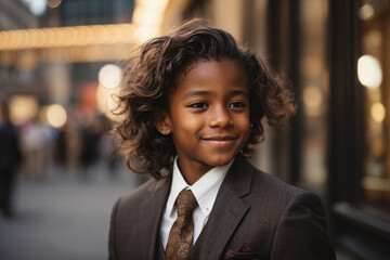 Wall Mural - portrait of a smiling young boy with curly hair in city
